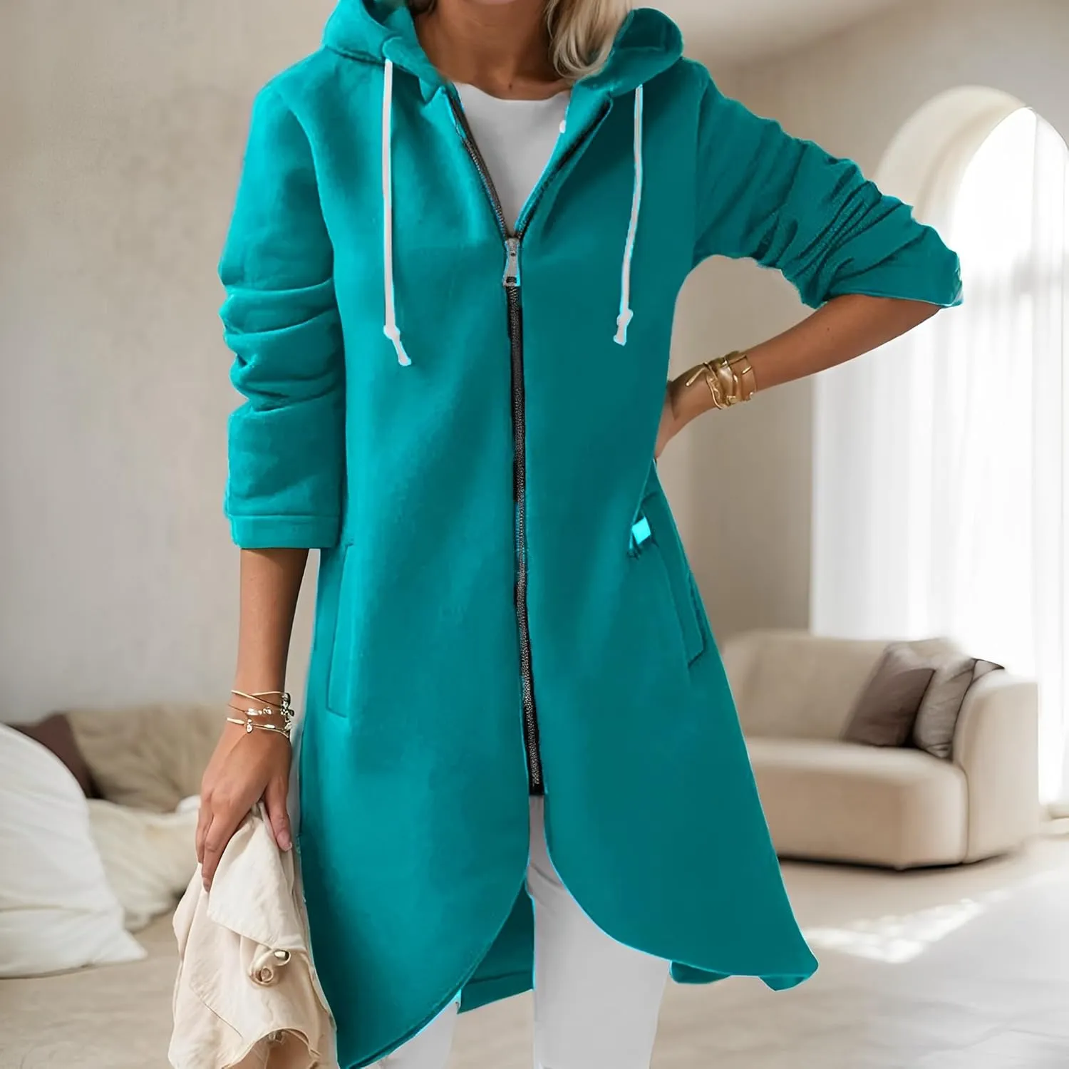 Women's Long Zip Up Oversized Hoodie Casual Loose Tunic Long Sleeve Sweatshirt Open Front Cardigan Jacket with Pockets