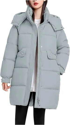 Womens Mid Length Puffer Jacket with Hood Winter Warm Down Coat Thickened Zip Cotton-Padded Overcoat Pockets Outwear