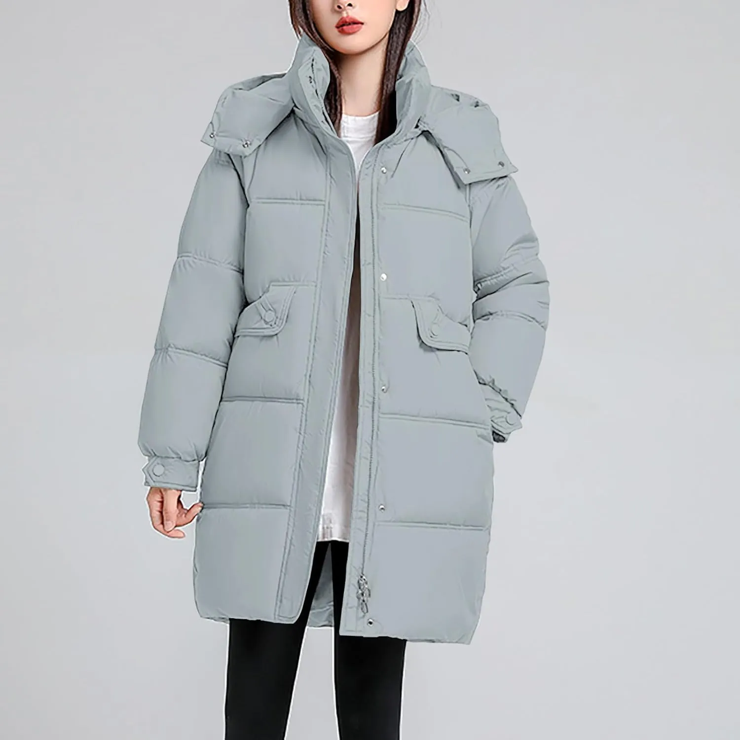 Womens Mid Length Puffer Jacket with Hood Winter Warm Down Coat Thickened Zip Cotton-Padded Overcoat Pockets Outwear