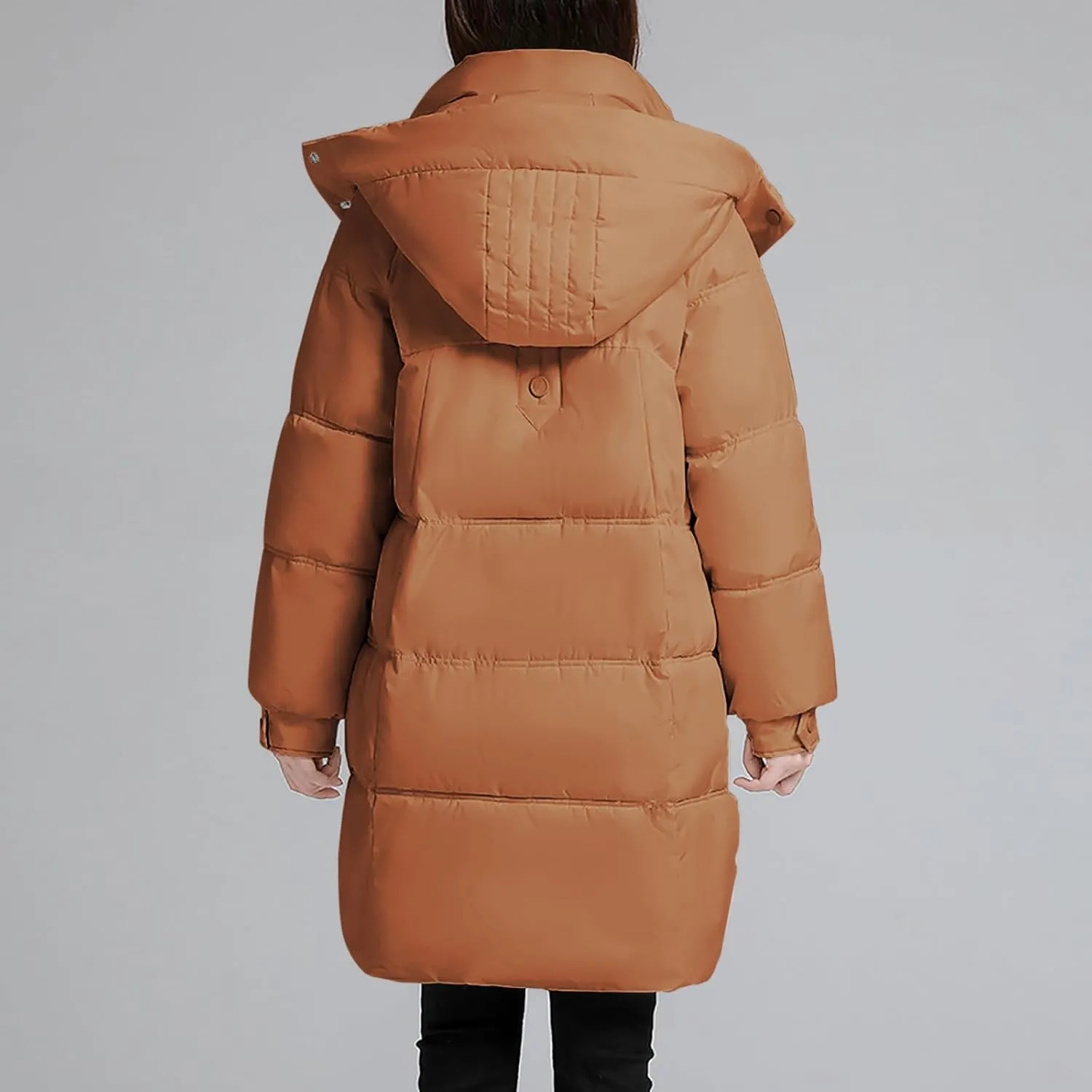 Womens Mid Length Puffer Jacket with Hood Winter Warm Down Coat Thickened Zip Cotton-Padded Overcoat Pockets Outwear