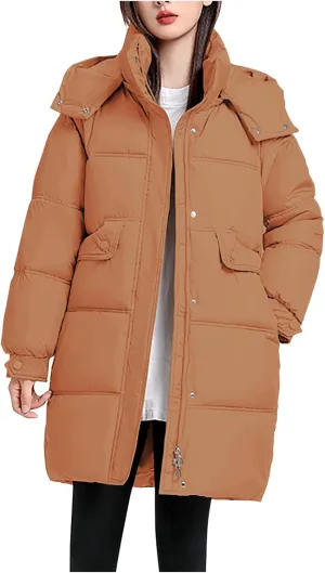Womens Mid Length Puffer Jacket with Hood Winter Warm Down Coat Thickened Zip Cotton-Padded Overcoat Pockets Outwear