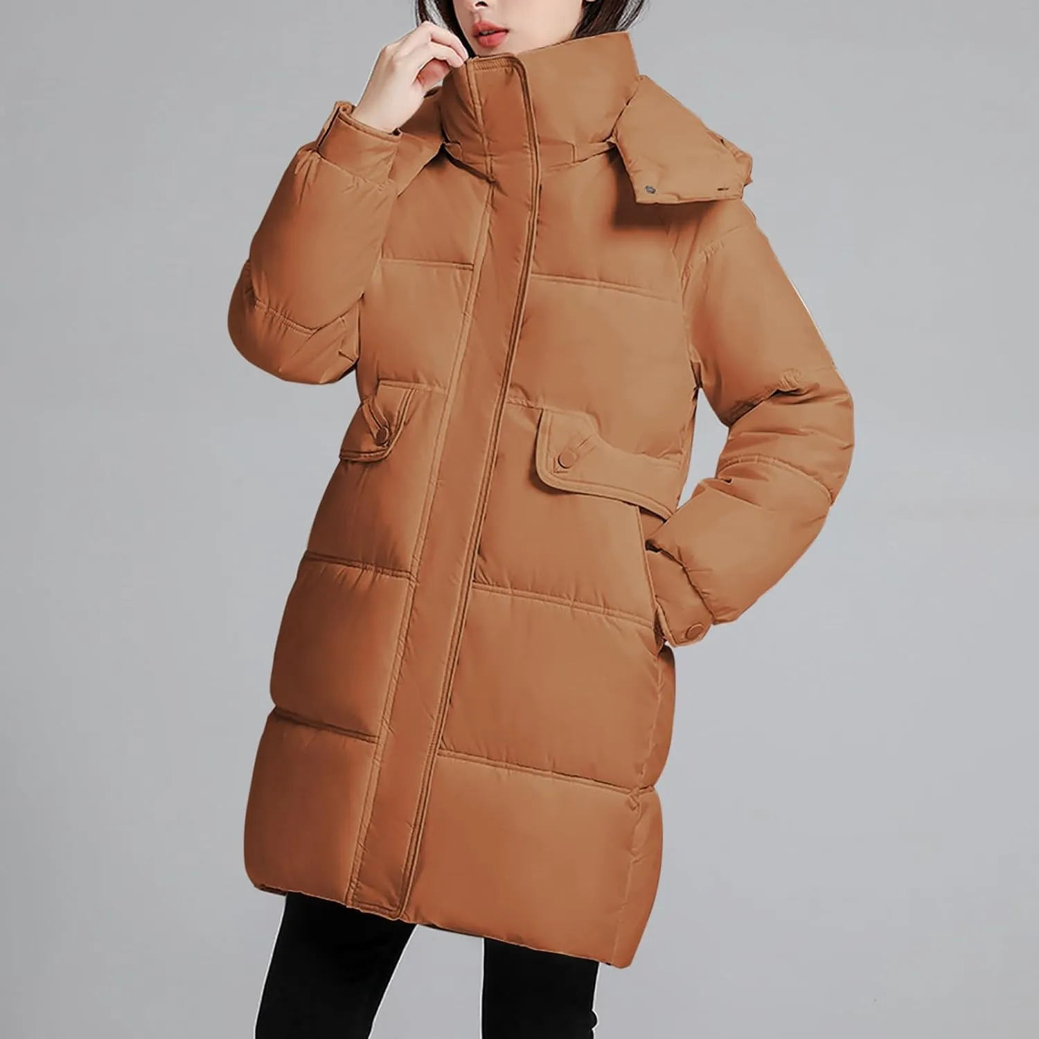 Womens Mid Length Puffer Jacket with Hood Winter Warm Down Coat Thickened Zip Cotton-Padded Overcoat Pockets Outwear