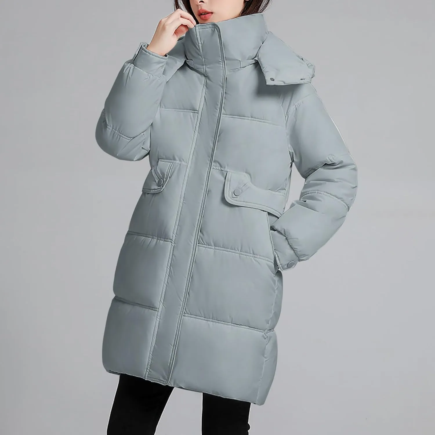 Womens Mid Length Puffer Jacket with Hood Winter Warm Down Coat Thickened Zip Cotton-Padded Overcoat Pockets Outwear