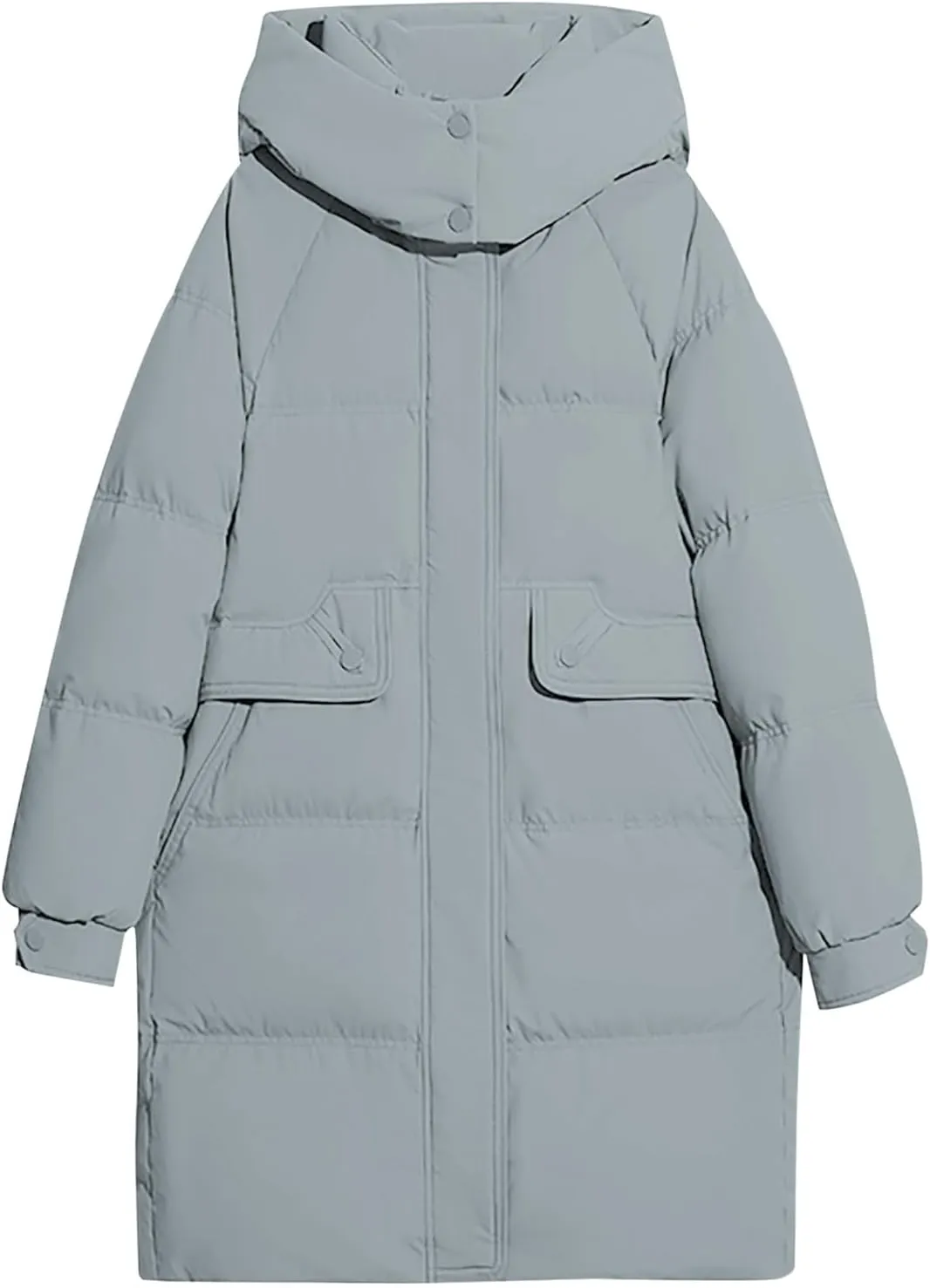 Womens Mid Length Puffer Jacket with Hood Winter Warm Down Coat Thickened Zip Cotton-Padded Overcoat Pockets Outwear