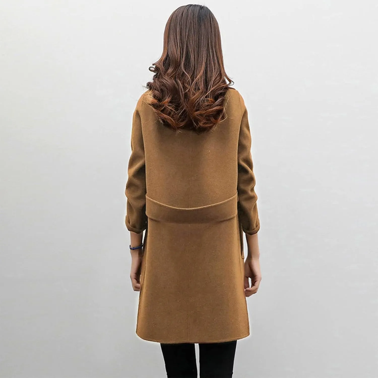 Womens Notched Lapel Collar Double Breasted Pea Coat Winter Wool Blend Over Coats Mid-Long Jackets Winter Trench Coat