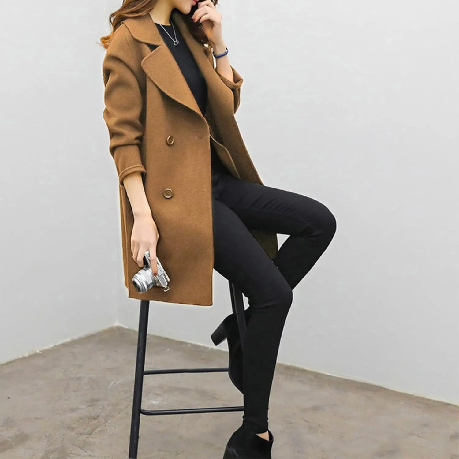 Womens Notched Lapel Collar Double Breasted Pea Coat Winter Wool Blend Over Coats Mid-Long Jackets Winter Trench Coat