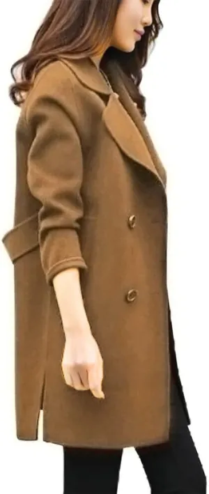 Womens Notched Lapel Collar Double Breasted Pea Coat Winter Wool Blend Over Coats Mid-Long Jackets Winter Trench Coat