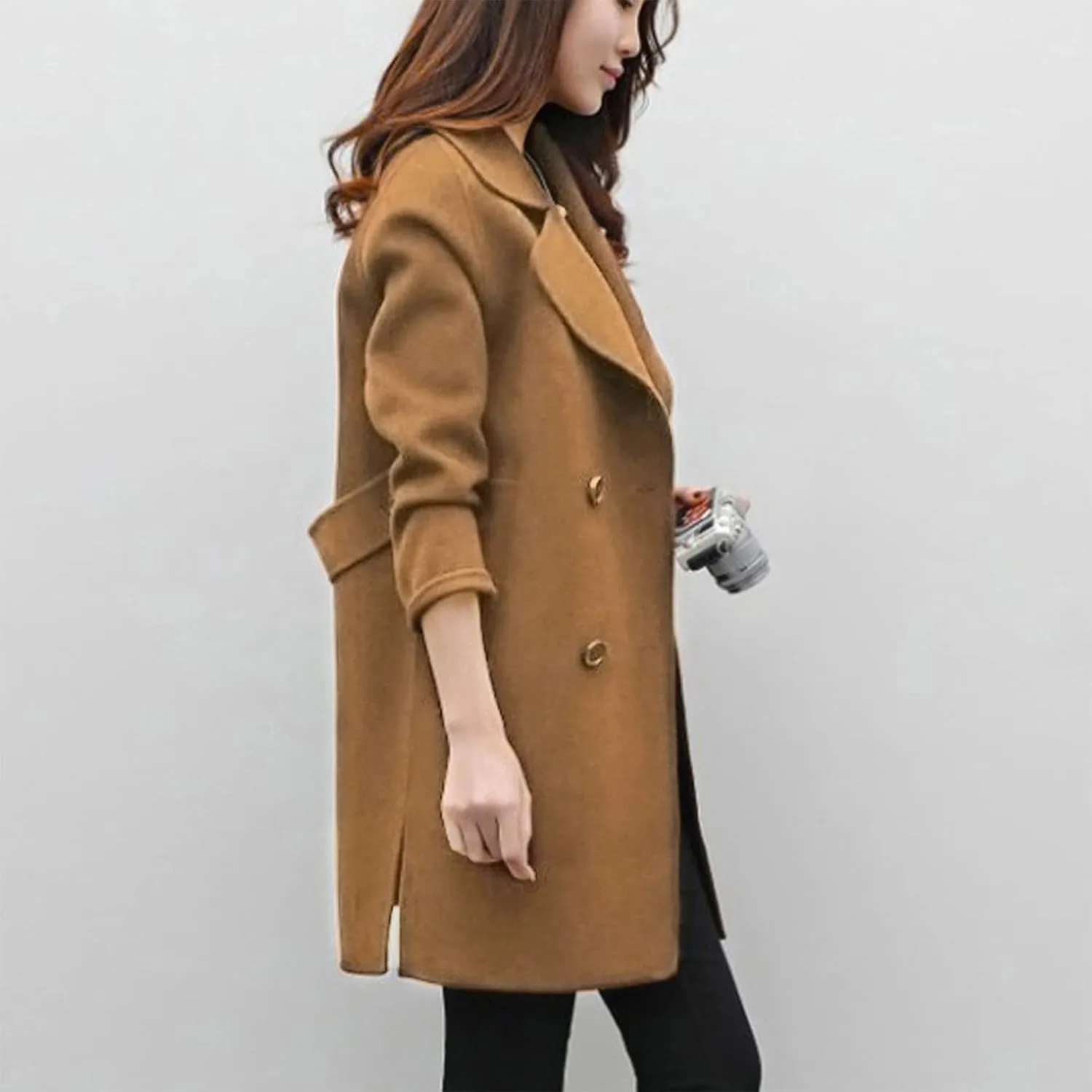 Womens Notched Lapel Collar Double Breasted Pea Coat Winter Wool Blend Over Coats Mid-Long Jackets Winter Trench Coat