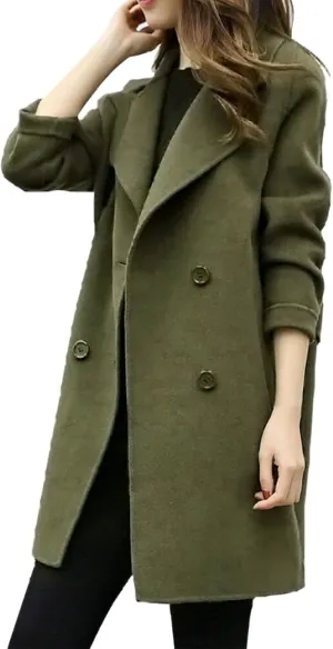 Womens Notched Lapel Collar Double Breasted Pea Coat Winter Wool Blend Over Coats Mid-Long Jackets Winter Trench Coat