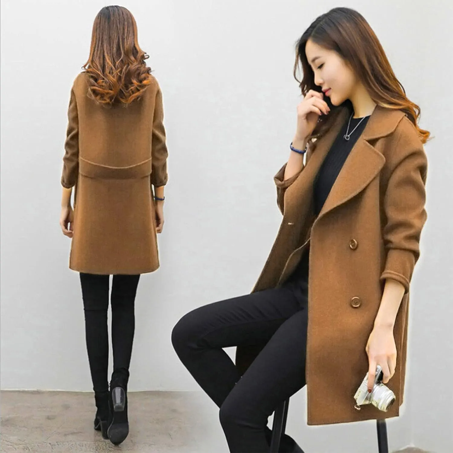 Womens Notched Lapel Collar Double Breasted Pea Coat Winter Wool Blend Over Coats Mid-Long Jackets Winter Trench Coat