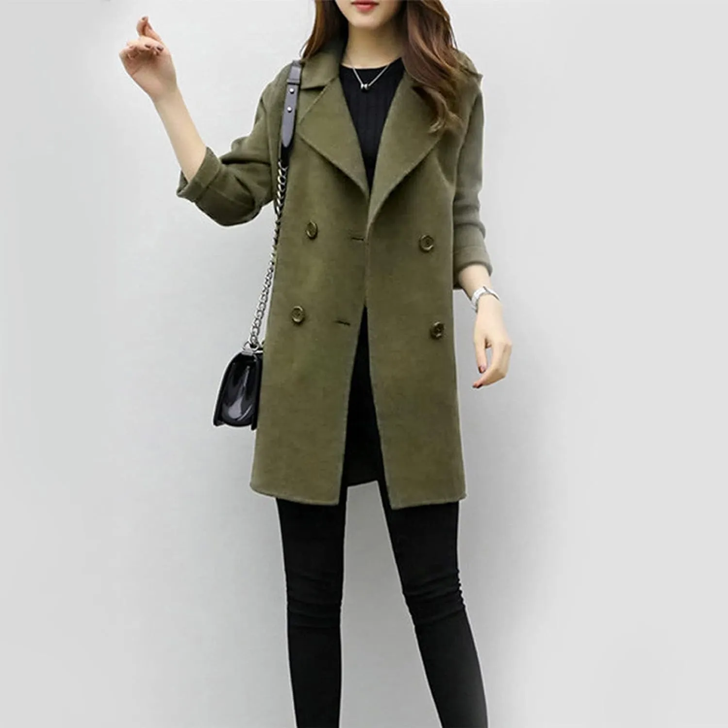 Womens Notched Lapel Collar Double Breasted Pea Coat Winter Wool Blend Over Coats Mid-Long Jackets Winter Trench Coat