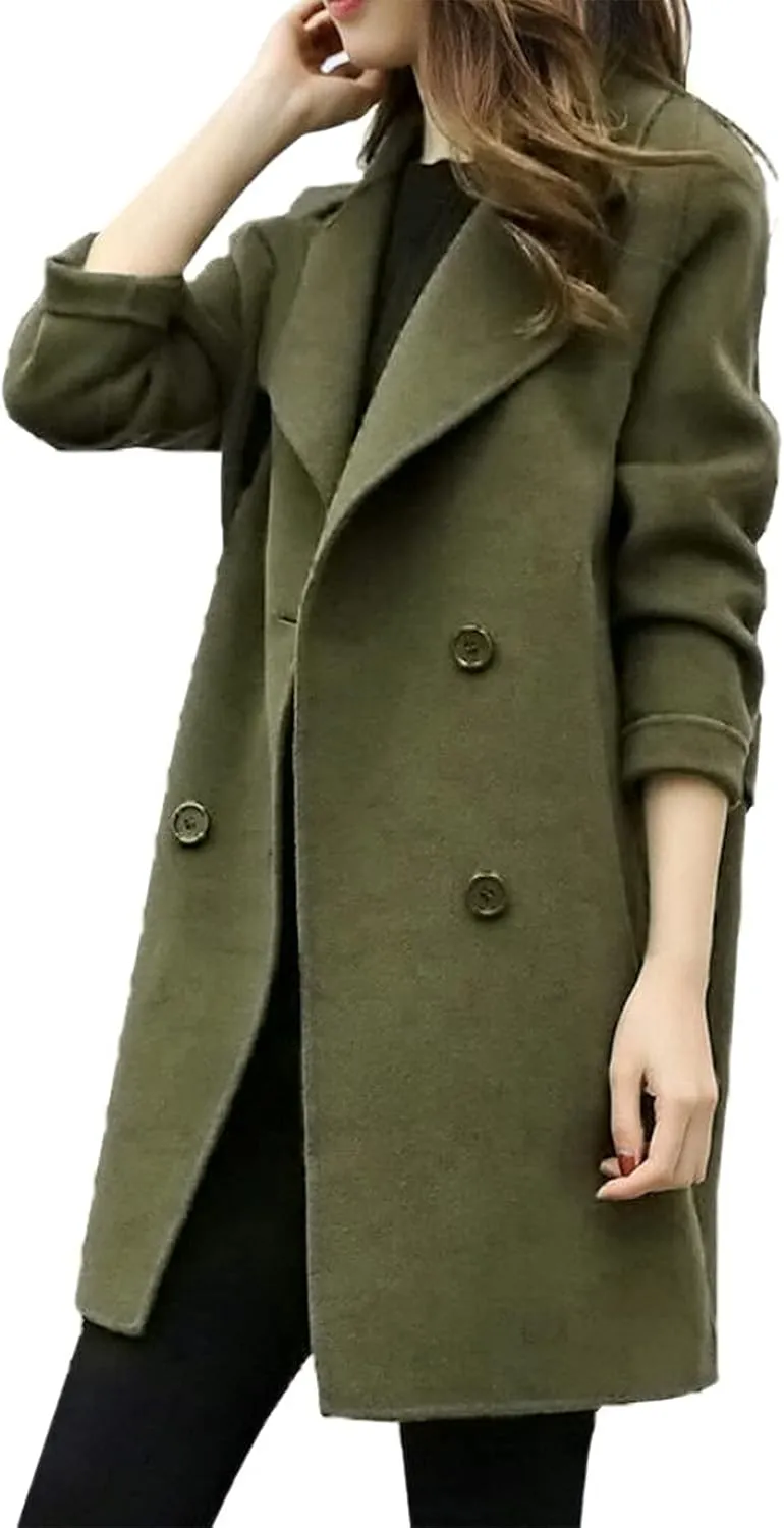 Womens Notched Lapel Collar Double Breasted Pea Coat Winter Wool Blend Over Coats Mid-Long Jackets Winter Trench Coat