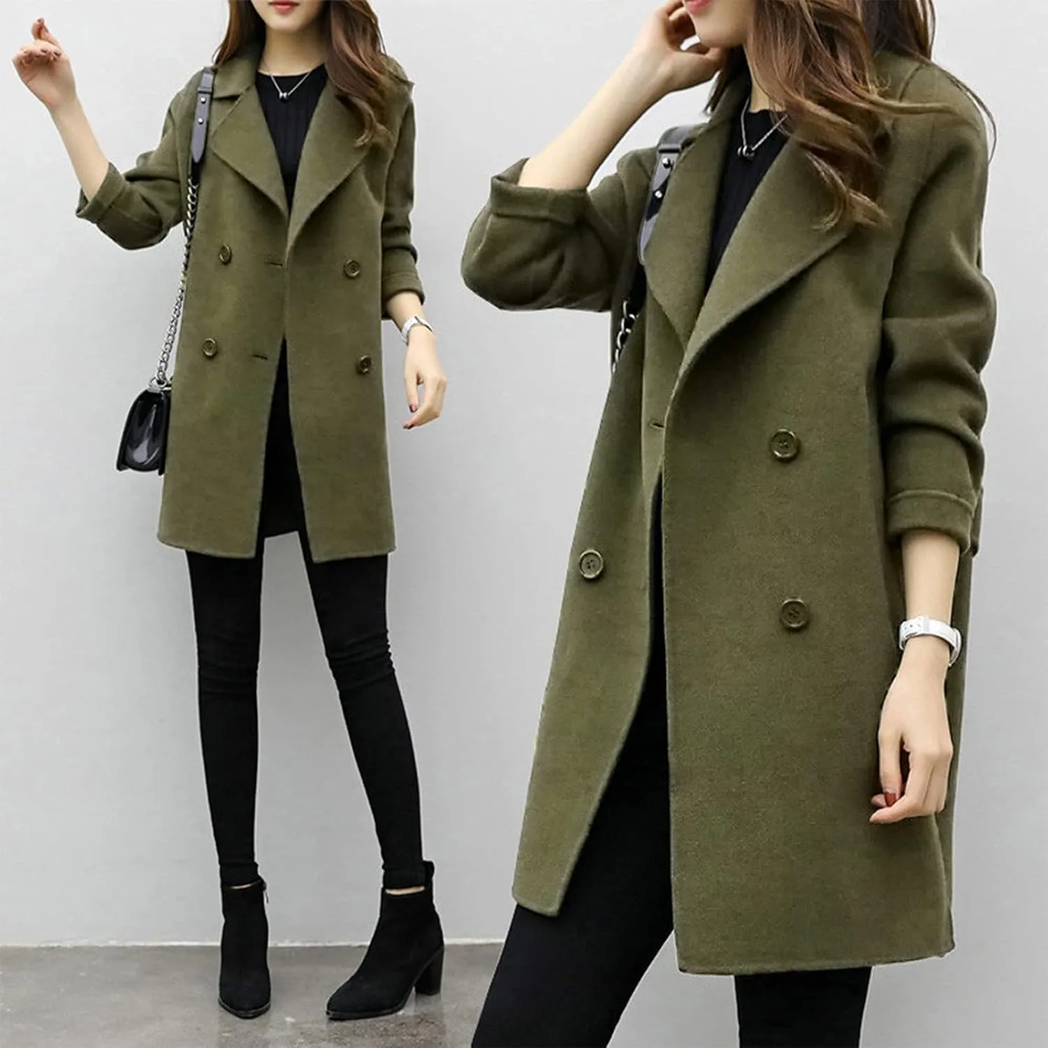 Womens Notched Lapel Collar Double Breasted Pea Coat Winter Wool Blend Over Coats Mid-Long Jackets Winter Trench Coat