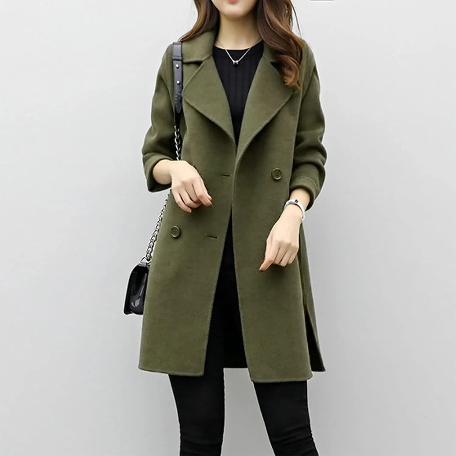 Womens Notched Lapel Collar Double Breasted Pea Coat Winter Wool Blend Over Coats Mid-Long Jackets Winter Trench Coat