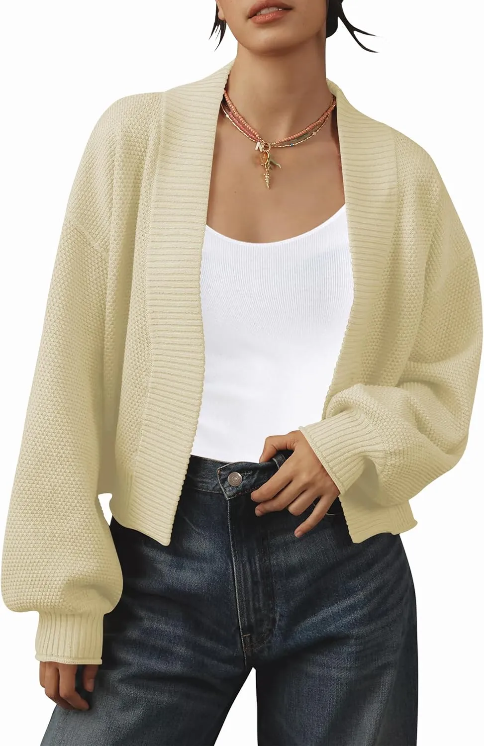 Women's Open Front Cropped Cardigan Lightweight Fall Long Sleeve Waffle Knit Cardigans