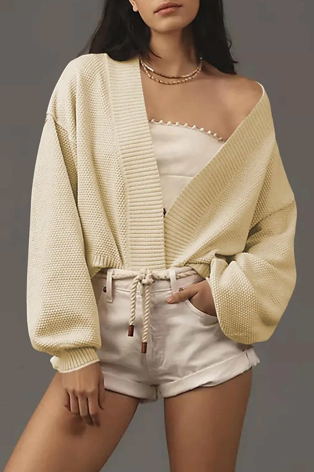 Women's Open Front Cropped Cardigan Lightweight Fall Long Sleeve Waffle Knit Cardigans
