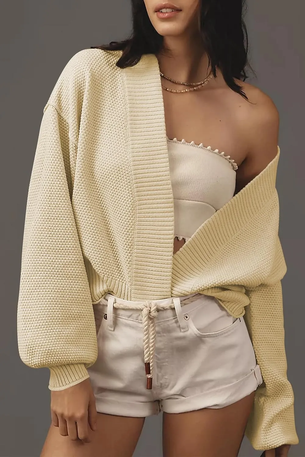 Women's Open Front Cropped Cardigan Lightweight Fall Long Sleeve Waffle Knit Cardigans