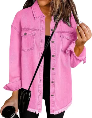 Womens Oversized Denim Jacket Lightweight Button Up Frayed Hem Shacket Long Sleeve Boyfriend Jean Jackets