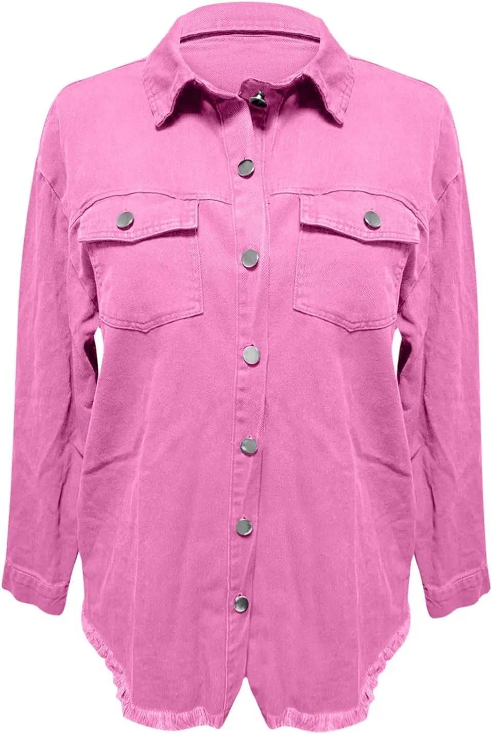 Womens Oversized Denim Jacket Lightweight Button Up Frayed Hem Shacket Long Sleeve Boyfriend Jean Jackets