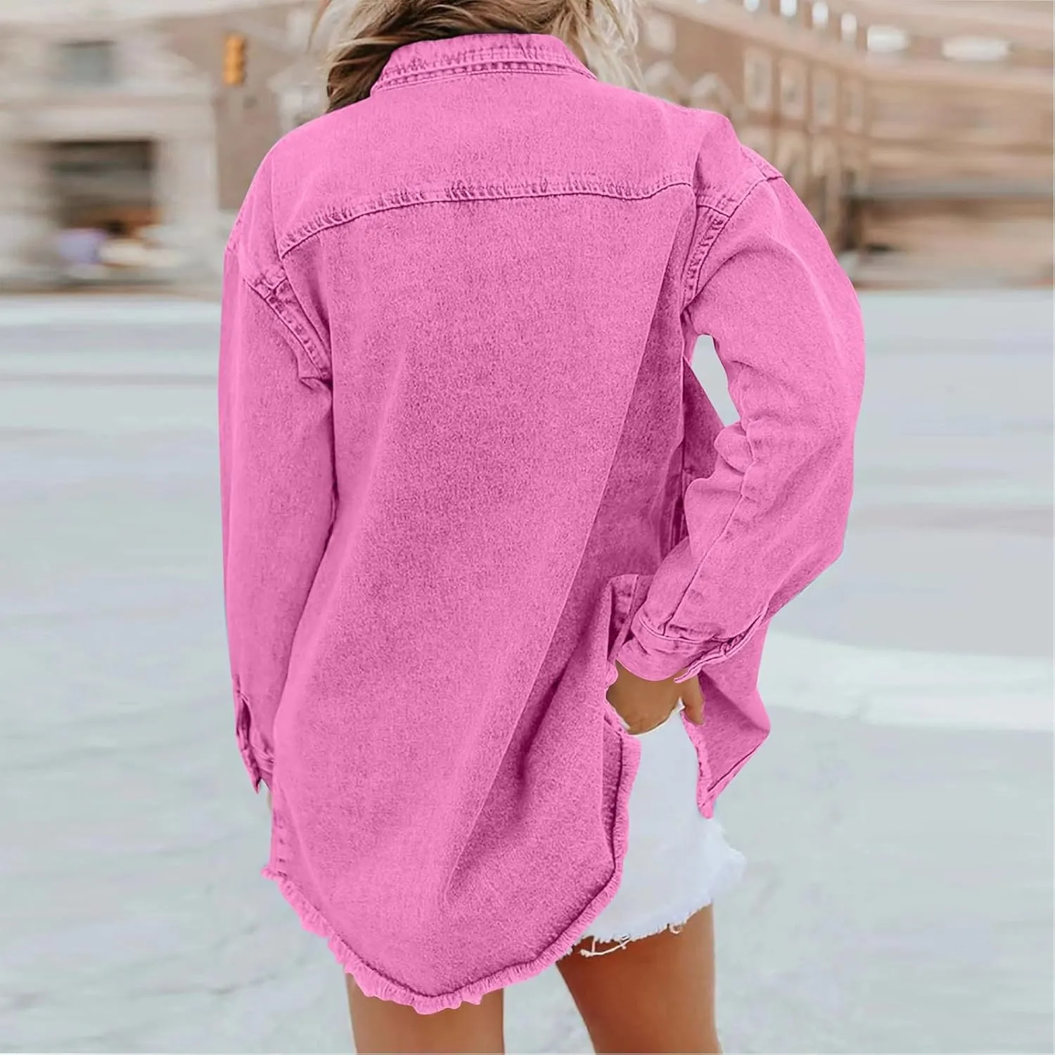 Womens Oversized Denim Jacket Lightweight Button Up Frayed Hem Shacket Long Sleeve Boyfriend Jean Jackets