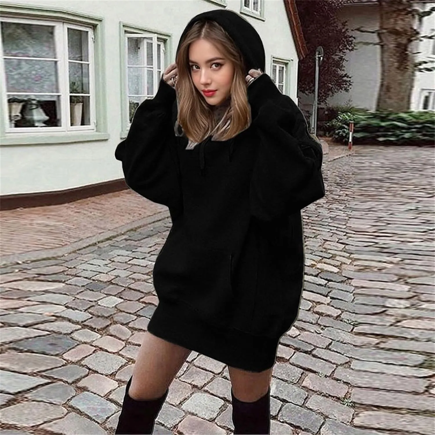 Womens Oversized Hoodies Dress 2024 Fall Casual Loose Long Sleeve Sweatshirt Trendy Hooded Pullover Tops Y2K Clothes