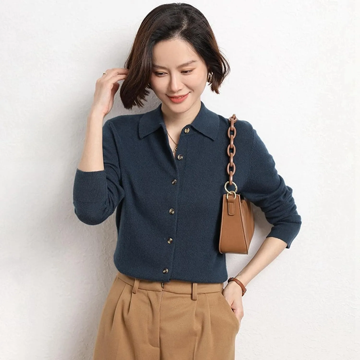 Women's Polo Cardigan Sweater Solid Button Long Sleeve Classic Neck Knit Cardigan Sweater Casual
