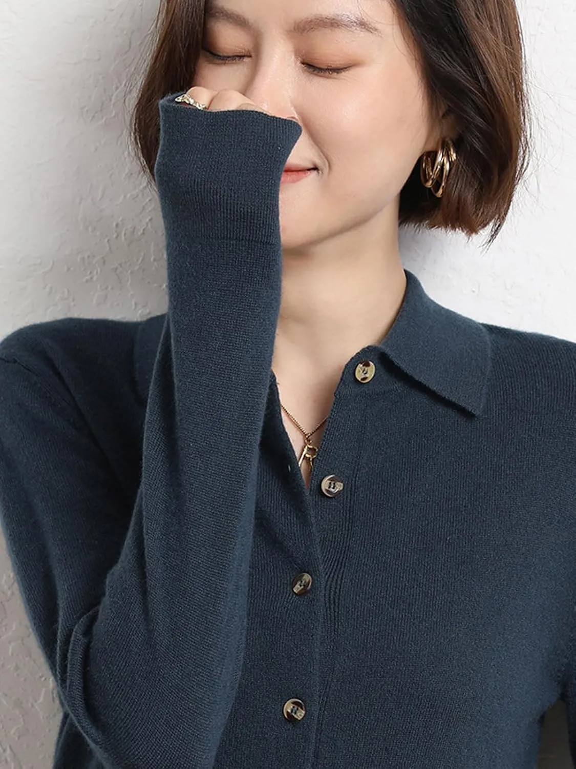 Women's Polo Cardigan Sweater Solid Button Long Sleeve Classic Neck Knit Cardigan Sweater Casual
