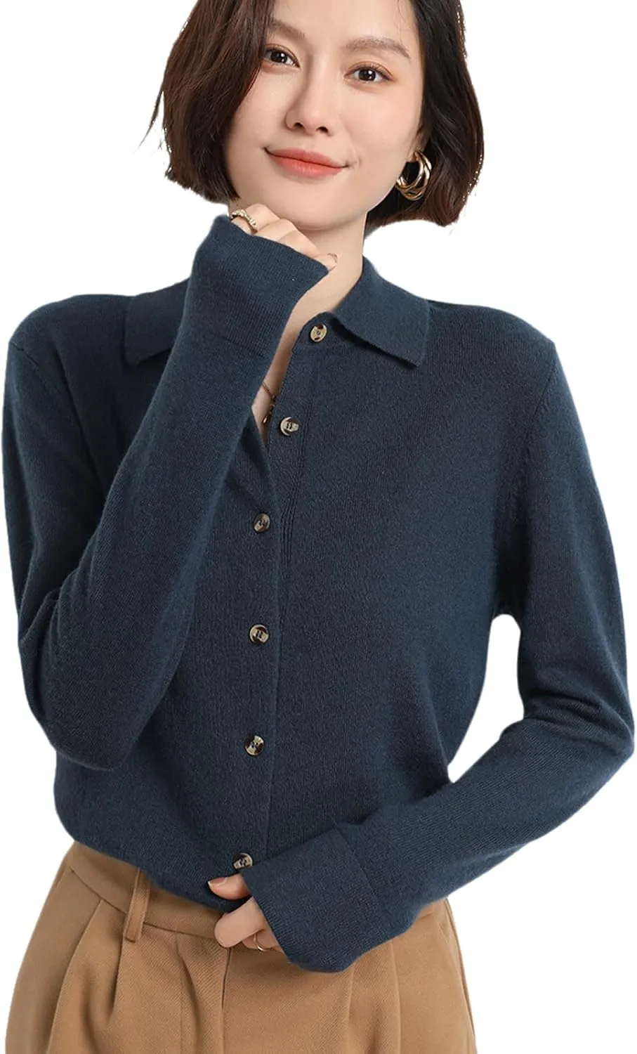Women's Polo Cardigan Sweater Solid Button Long Sleeve Classic Neck Knit Cardigan Sweater Casual