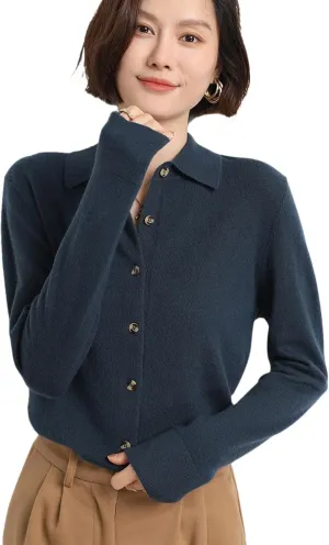 Women's Polo Cardigan Sweater Solid Button Long Sleeve Classic Neck Knit Cardigan Sweater Casual