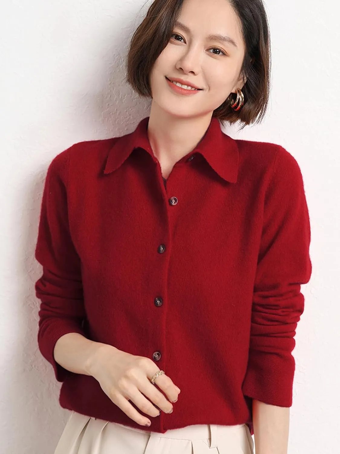 Women's Polo Cardigan Sweater Solid Button Long Sleeve Classic Neck Knit Cardigan Sweater Casual