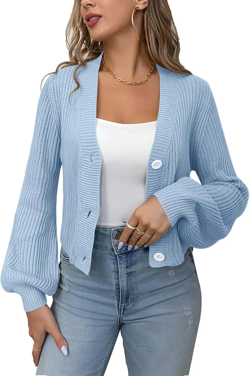 Womens Puff Sleeve Cardigan Long Sleeve Open Front Button Down Knit Sweaters