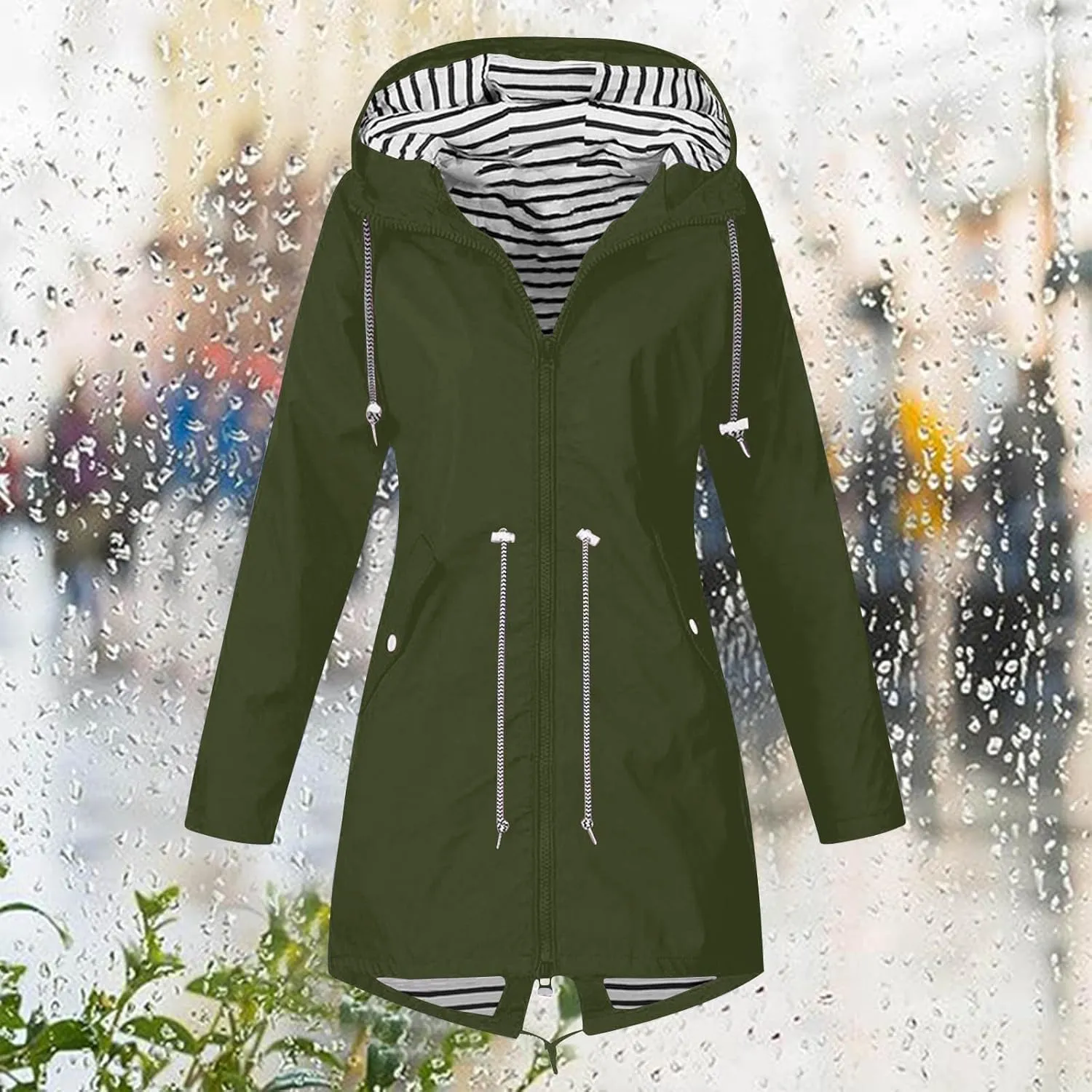 Womens Rain Coat Waterproof Dressy Zip Up Rain Jacket with Pockets Button Fall Raincoat Windbreaker with Hood