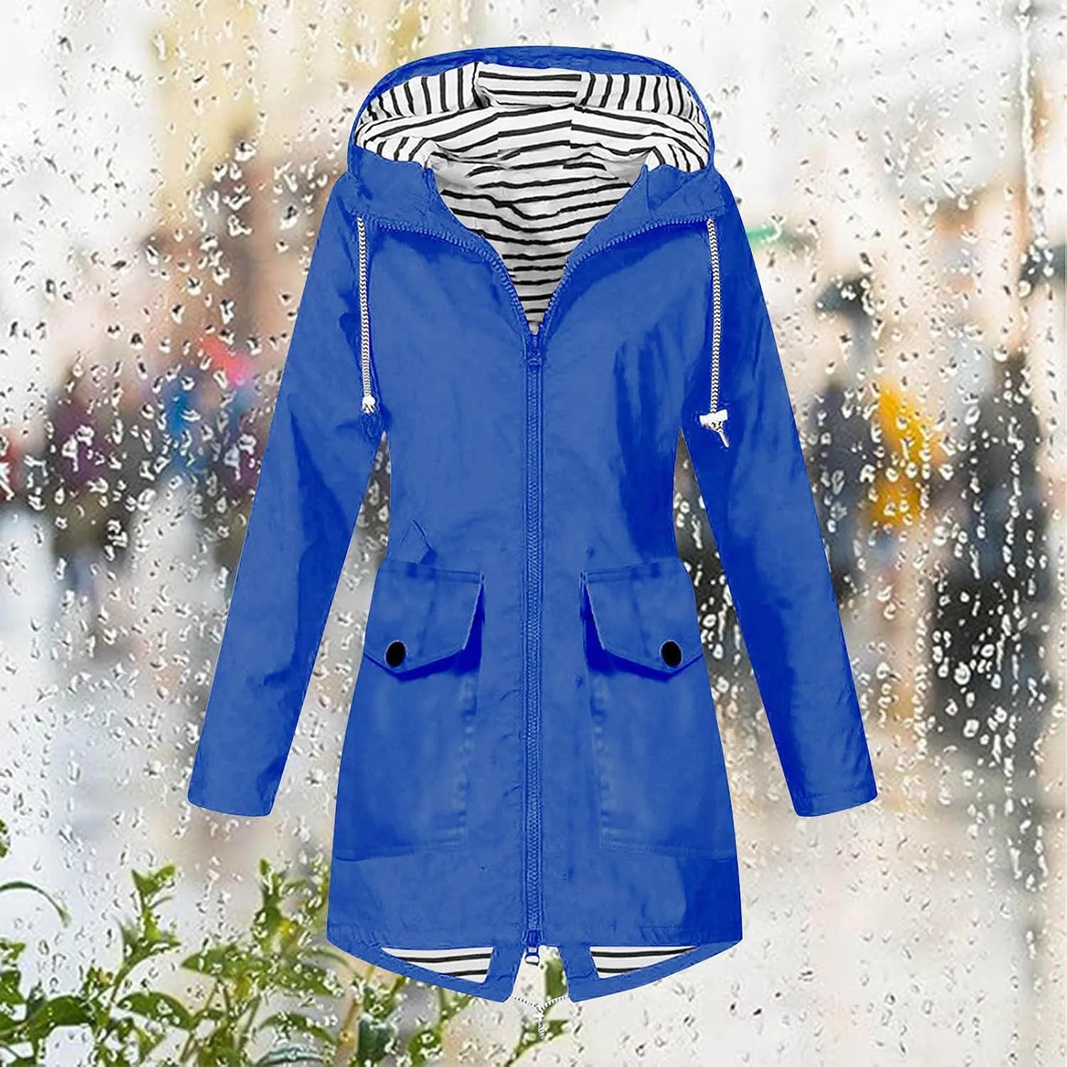 Women's Raincoat Windbreaker Zipper Hoodies Rain Jacket Waterproof Lightweight Outdoor Rain Coat Hooded Trench Coats
