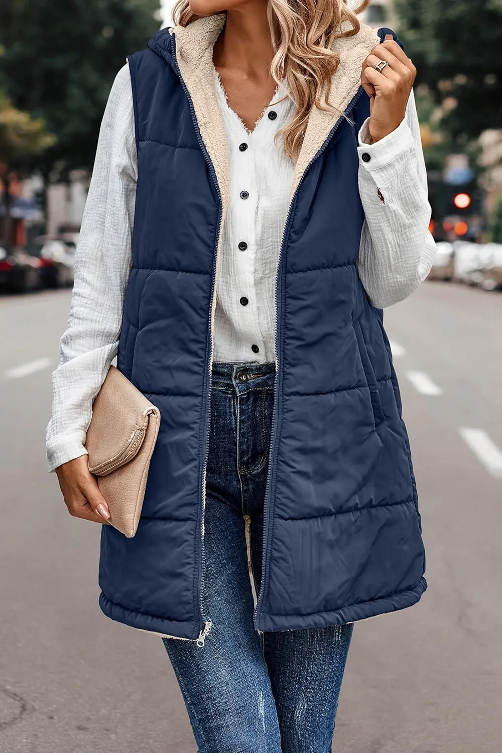 Womens Reversible Vests Sleeveless Jacket Zip Up Hoodie 2023 Fall Winter Warm Long Fleece Coat Outerwear with Pockets