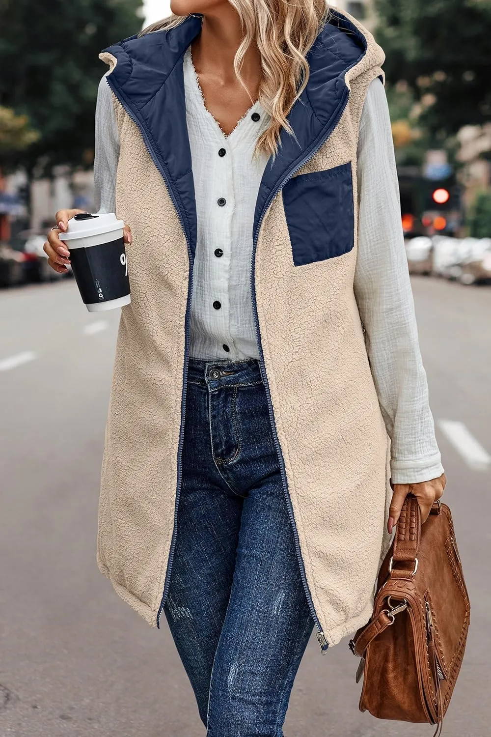 Womens Reversible Vests Sleeveless Jacket Zip Up Hoodie 2023 Fall Winter Warm Long Fleece Coat Outerwear with Pockets