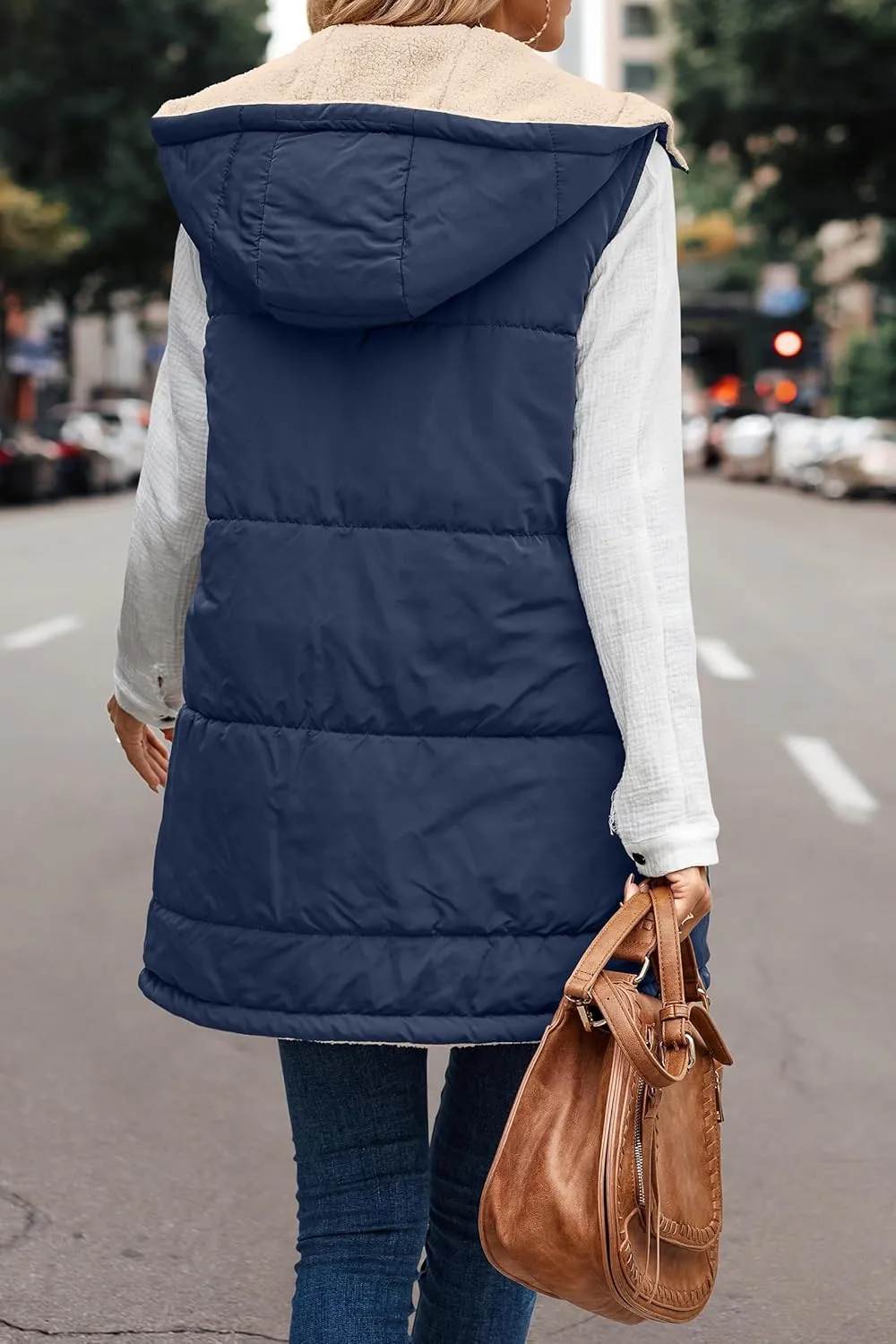 Womens Reversible Vests Sleeveless Jacket Zip Up Hoodie 2023 Fall Winter Warm Long Fleece Coat Outerwear with Pockets