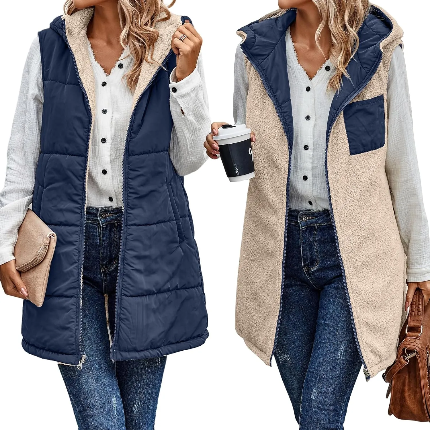 Womens Reversible Vests Sleeveless Jacket Zip Up Hoodie 2023 Fall Winter Warm Long Fleece Coat Outerwear with Pockets