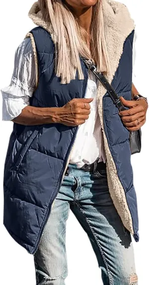Womens Reversible Vests Sleeveless Jacket Zip Up Hoodie 2023 Fall Winter Warm Long Fleece Coat Outerwear with Pockets