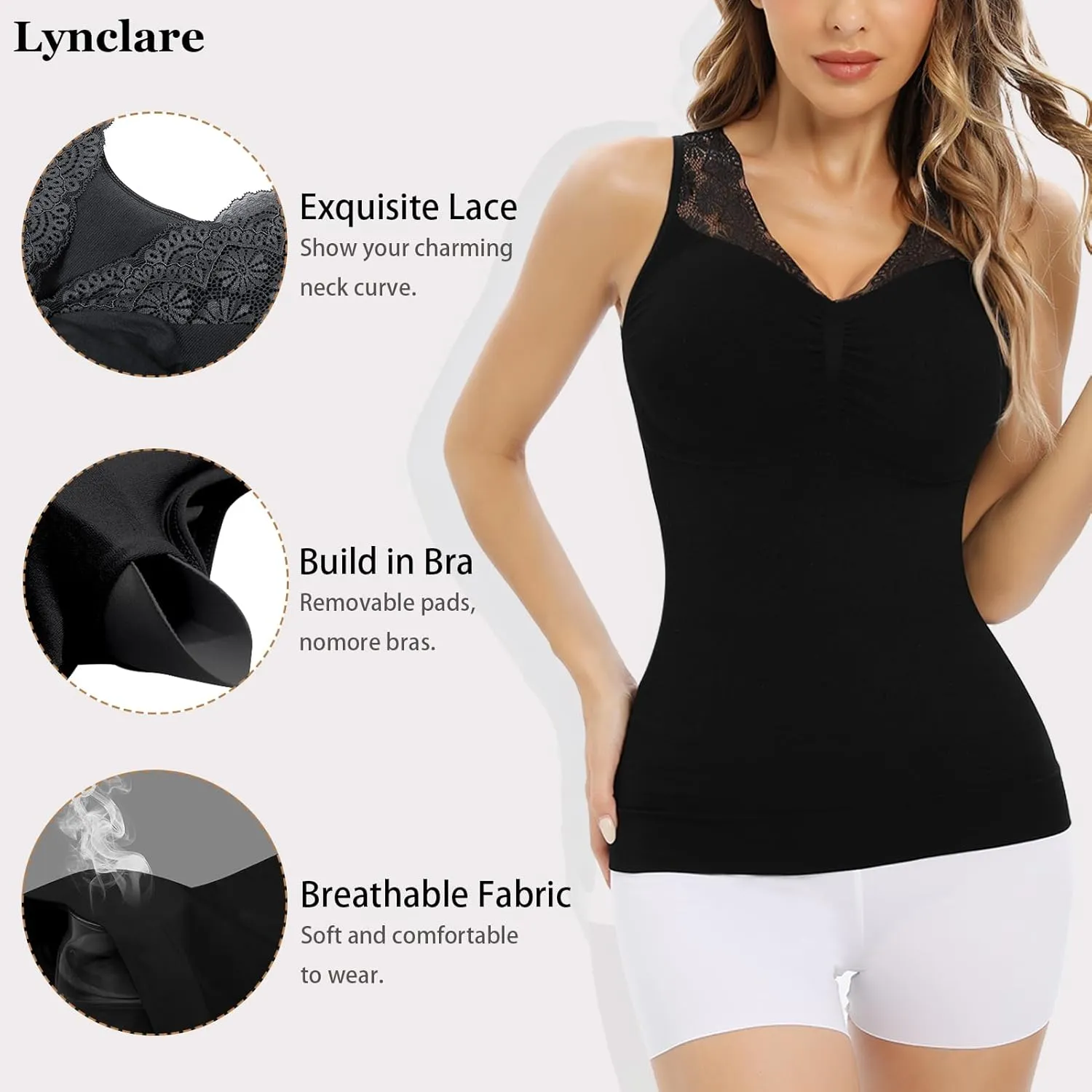 Womens Shapewear Tank Tops with Built in Bra Tummy Shaper Cami Compression Lace Camisole V Neck Slimming