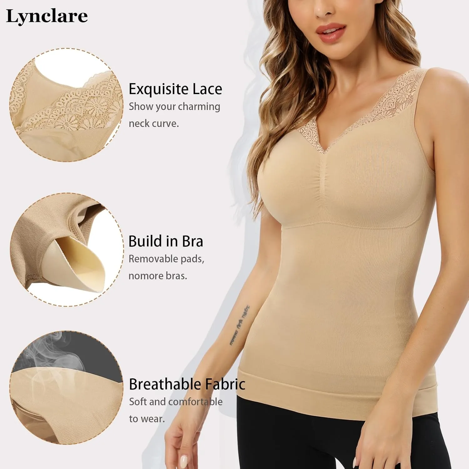 Womens Shapewear Tank Tops with Built in Bra Tummy Shaper Cami Compression Lace Camisole V Neck Slimming