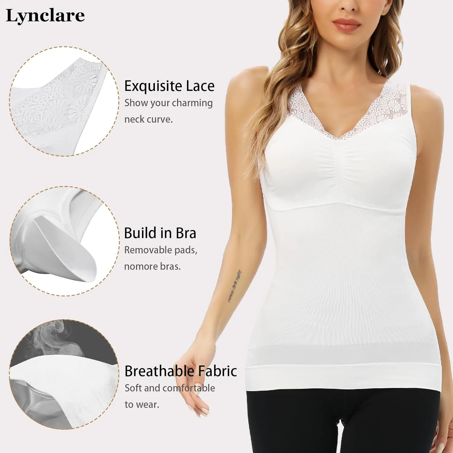 Womens Shapewear Tank Tops with Built in Bra Tummy Shaper Cami Compression Lace Camisole V Neck Slimming
