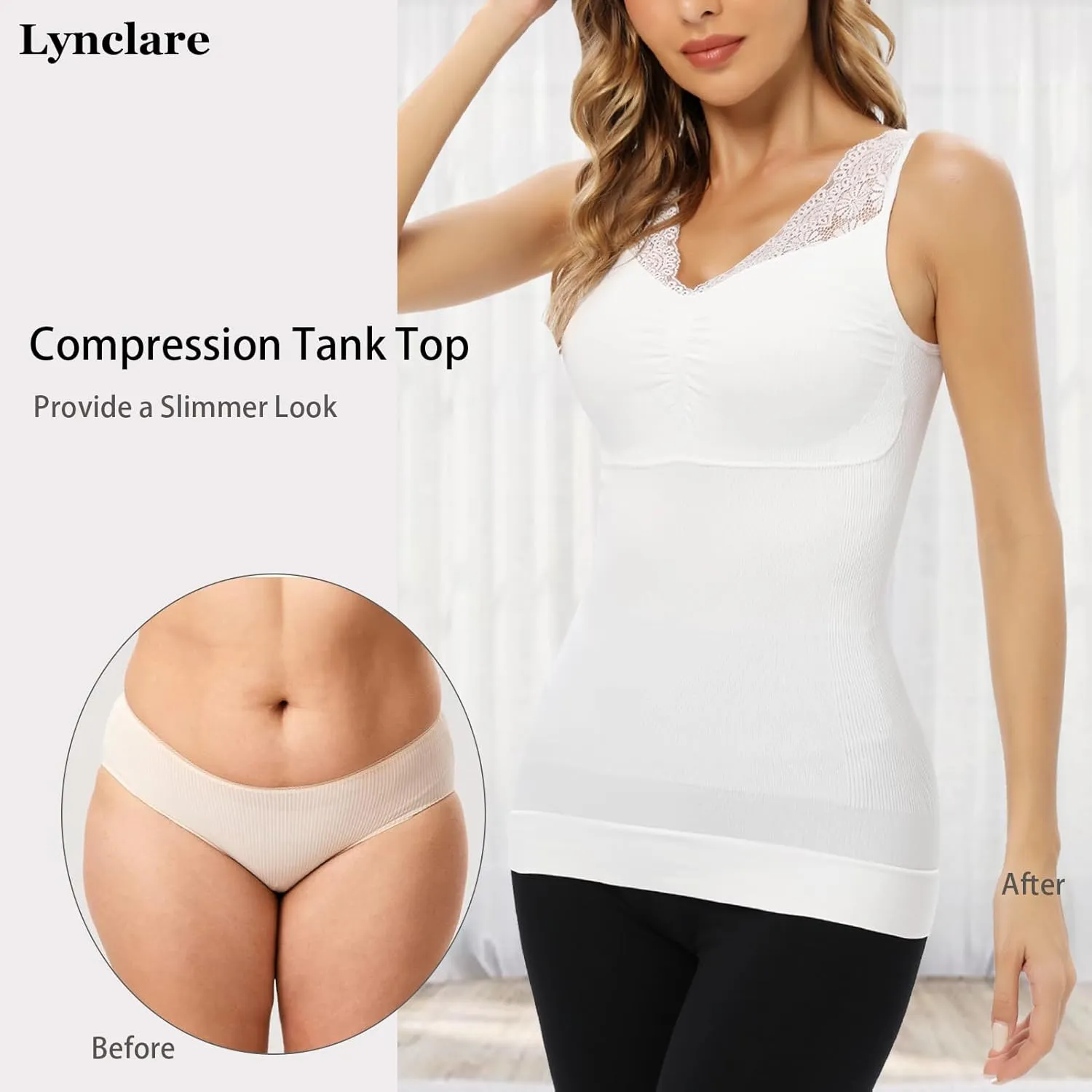 Womens Shapewear Tank Tops with Built in Bra Tummy Shaper Cami Compression Lace Camisole V Neck Slimming