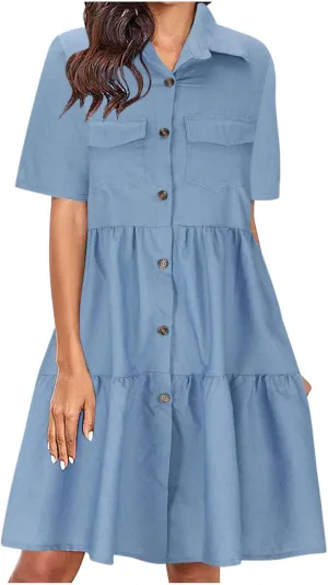 Women's Short Sleeve Denim Maxi Long Midi Loose Fit Shirt Western Fall Summer Dress 2025