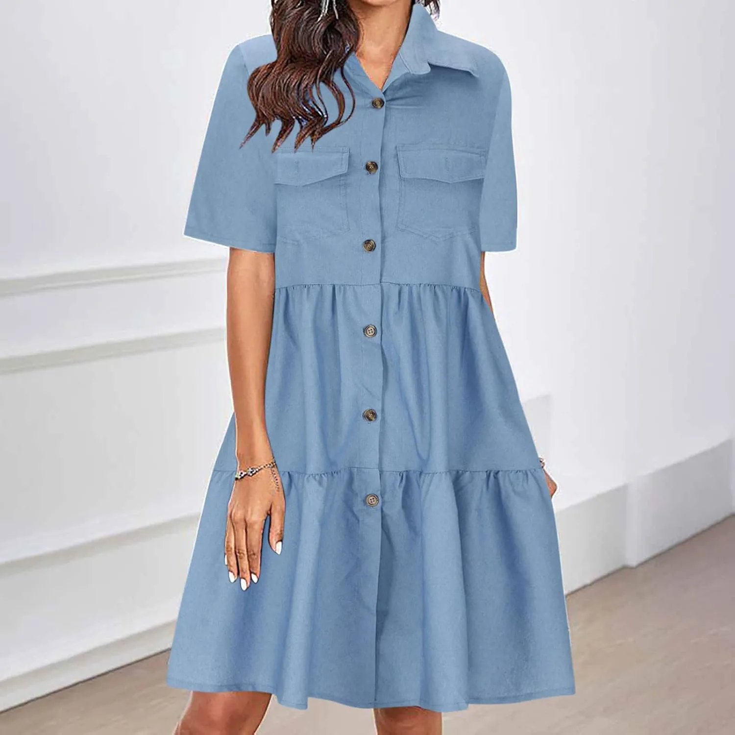 Women's Short Sleeve Denim Maxi Long Midi Loose Fit Shirt Western Fall Summer Dress 2025