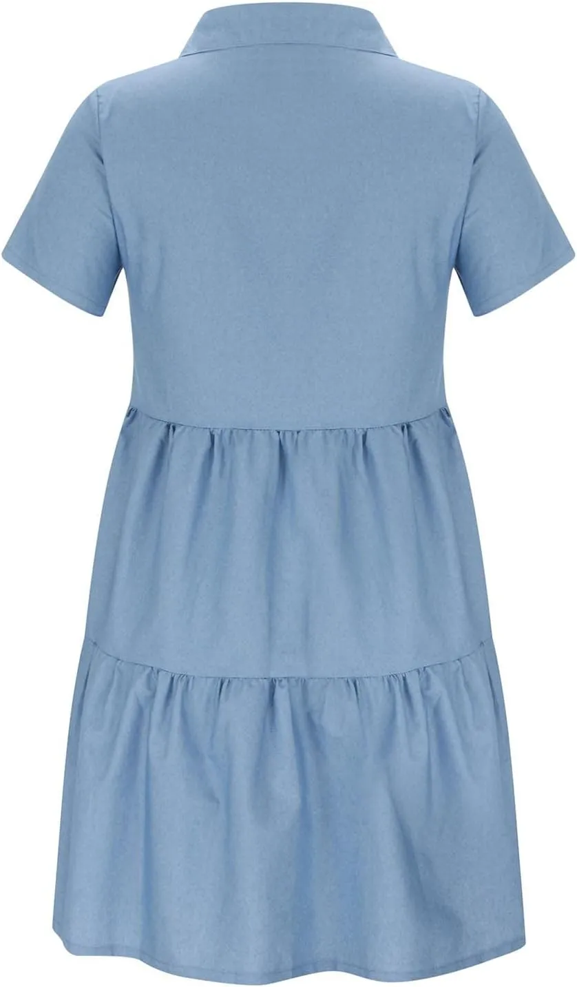 Women's Short Sleeve Denim Maxi Long Midi Loose Fit Shirt Western Fall Summer Dress 2025