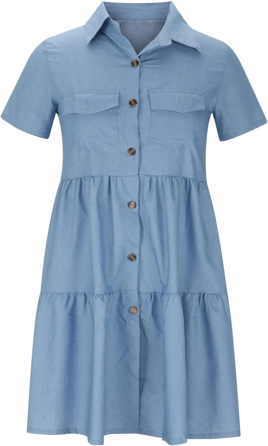 Women's Short Sleeve Denim Maxi Long Midi Loose Fit Shirt Western Fall Summer Dress 2025