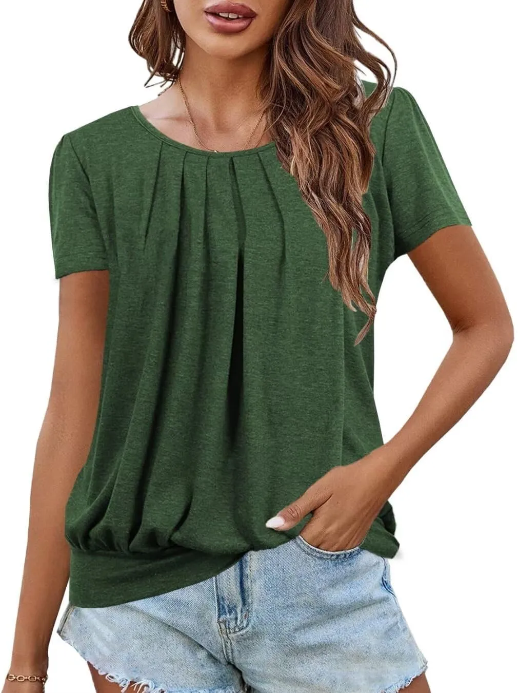 Women's Short Sleeve Tunic Tops Scoop Neck Banded Bottom Summer T Shirt for Leggings