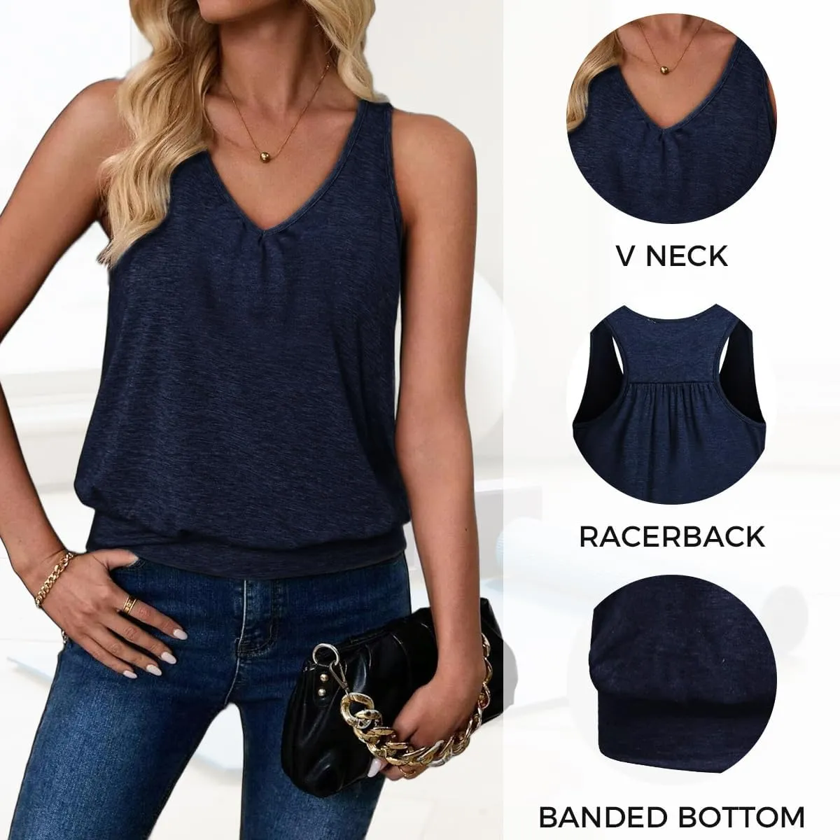 Womens Sleeveless V-Neck Tank Tops Workout Loose Fit Tops for Women Athletic Banded Bottom Tank Casual Shirts