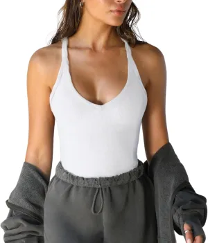 Women's Spaghetti Strap Scoop Neck Tank Top Racerback Slim Fitted Ribbed Camisole Solid Basic Workout Crop Cami