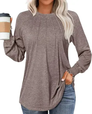Womens Spring Fashion 2025 Long Sleeve Tunic Tops to Wear with Leggings Crewneck Pleated Shirts Loose Fit Cute Tee